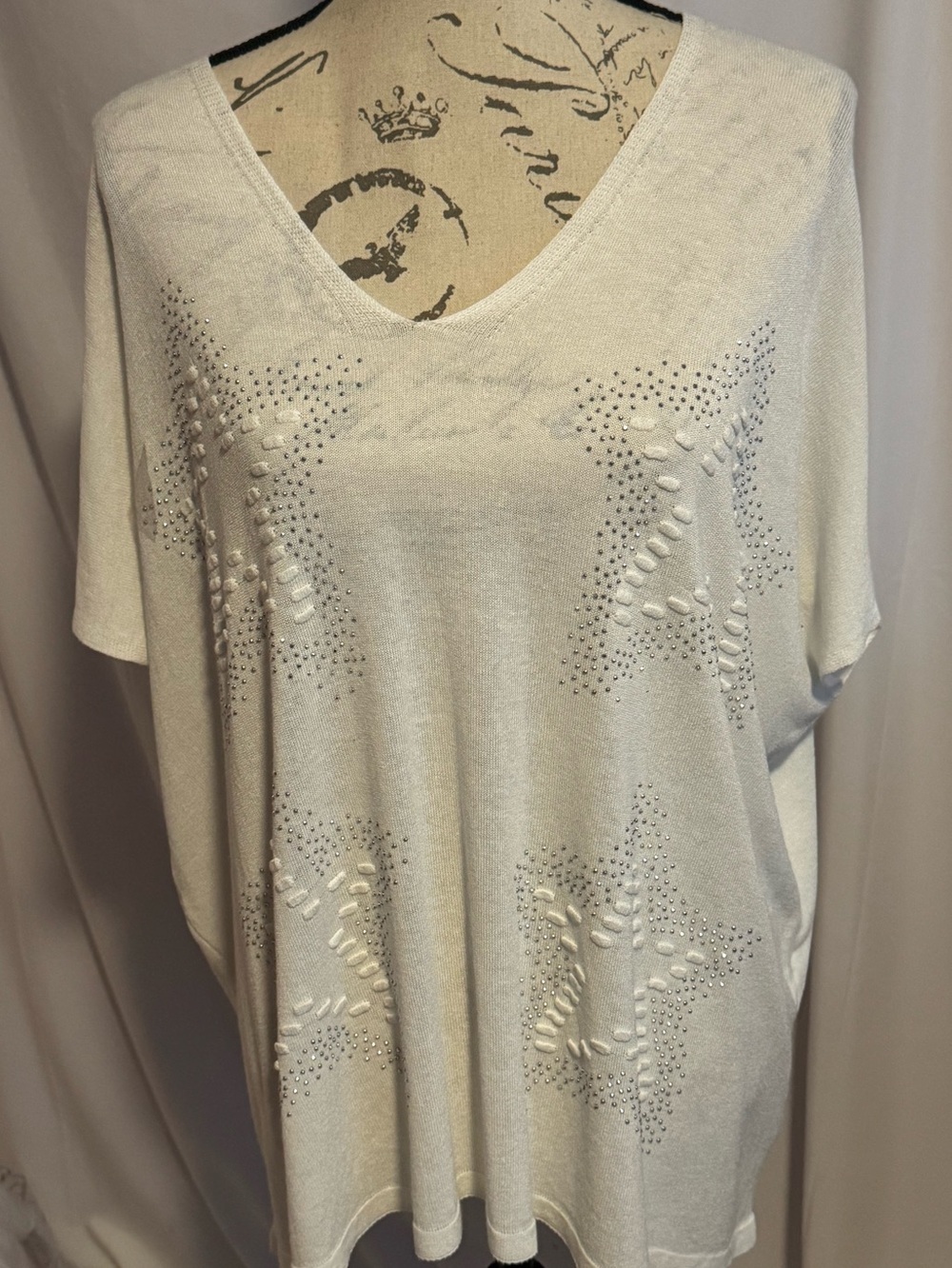 Women's white V-Neck Star Embellished poncho
